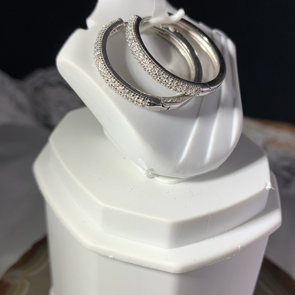 STERLING SILVER CZ 1" HOOP EARRINGS NEW - Picture 2 of 5